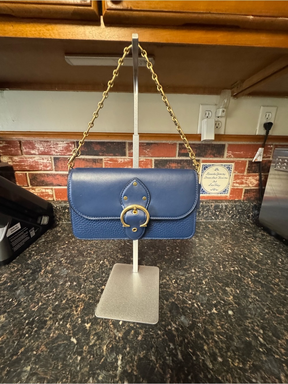 Coach Beat Shoulder Bag Blue Leather Brass Chain Bag Suede Interior EUC